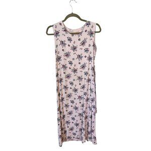 Vtg Womens Shift Maxi Dress 90s Med Silk Lavender Purple Rose Print Sleeveless